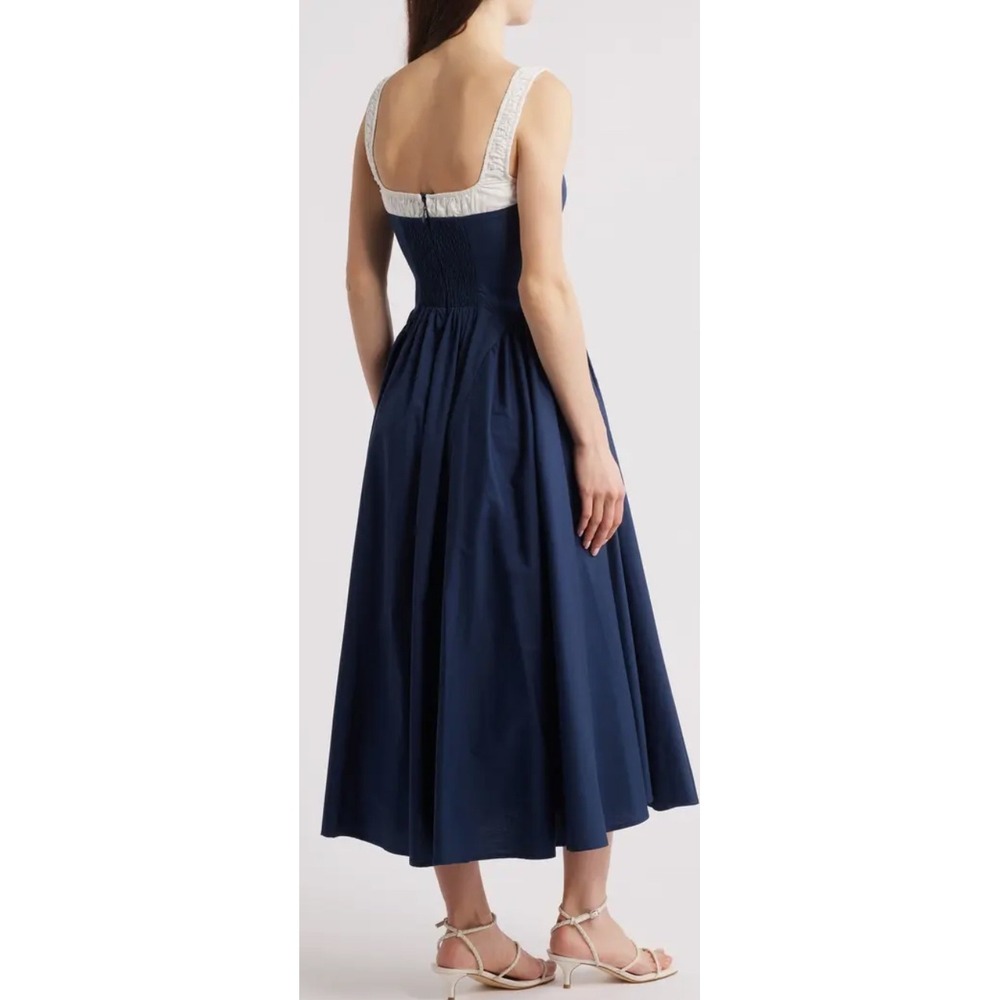 Moon River Blue White Smocked Fit Flare Midi Dress Cotton Milkmaid Cottage XS - Picture 12 of 16